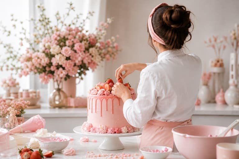 قناد در حال تزئین کیک صورتی